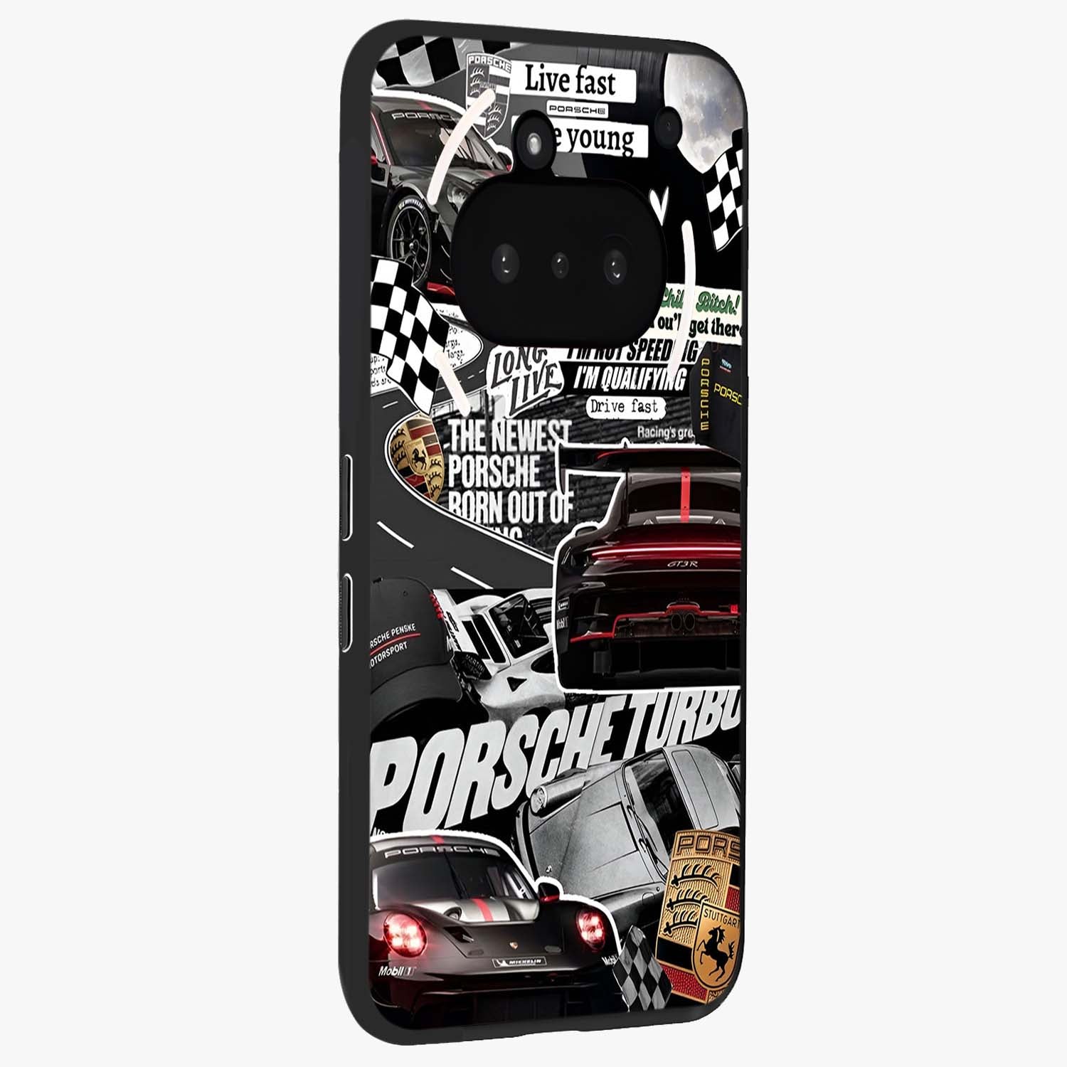 Porsche Racing Collage Glass Case upright view showcasing energetic car collage artwork with high speed racing theme.