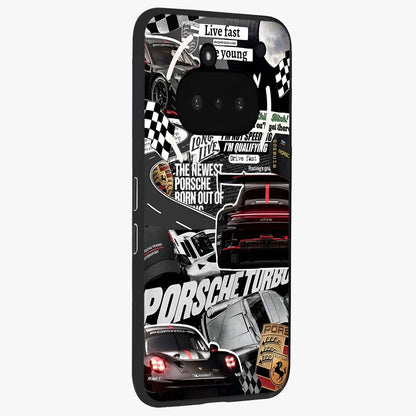Porsche Racing Collage Glass Case upright view showcasing energetic car collage artwork with high speed racing theme.