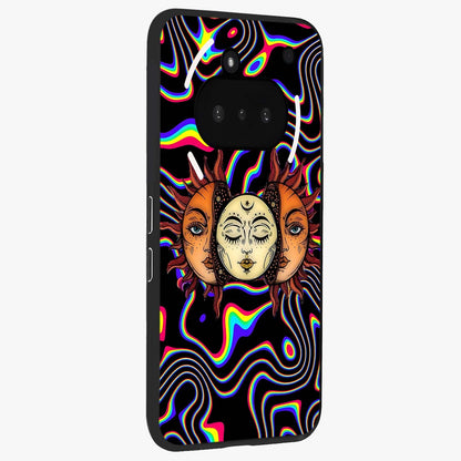 Psychedelic Sun Glass Case upright view showcasing trippy sun artwork with bold psychedelic theme.