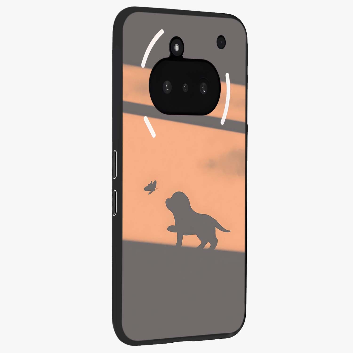 Puppy Shadow Art Glass Case upright view showcasing charming puppy artwork with creative silhouette theme.