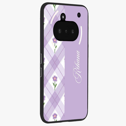 Purple Diamond Floral Glass Case upright view showcasing vibrant floral artwork with stylish geometric theme.