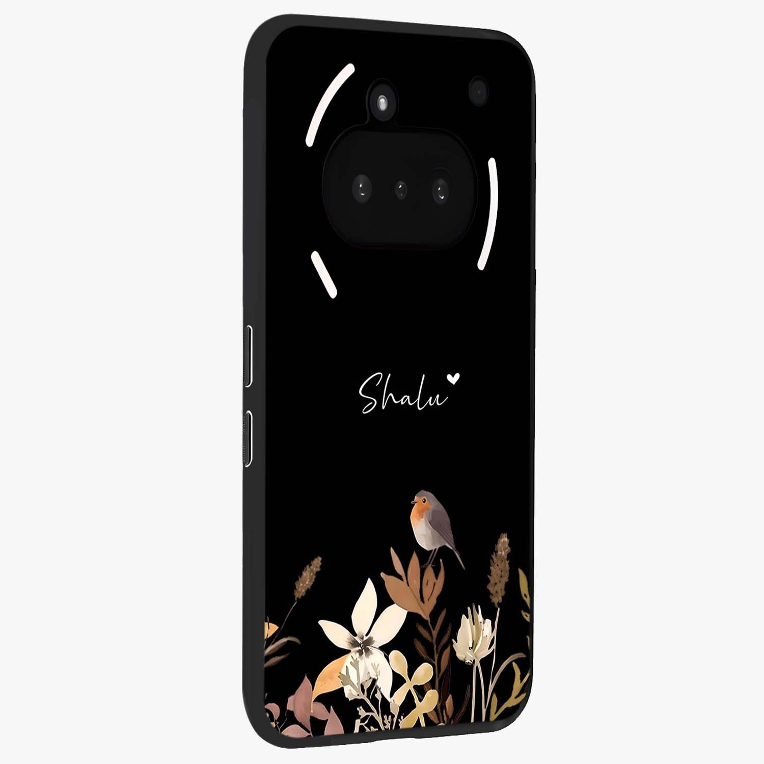 Quiet Garden Tune Custom Name Glass Case upright view showcasing serene botanical artwork with personalized aesthetic.
