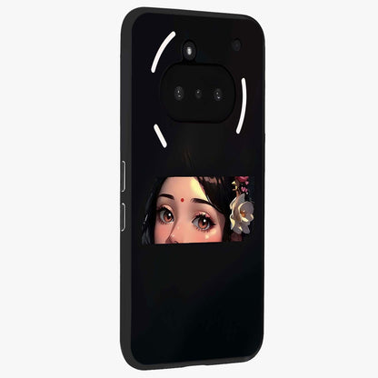 Radha Divine Embrace Glass Case upright view showcasing sacred Radha themed artwork with peaceful devotional style.