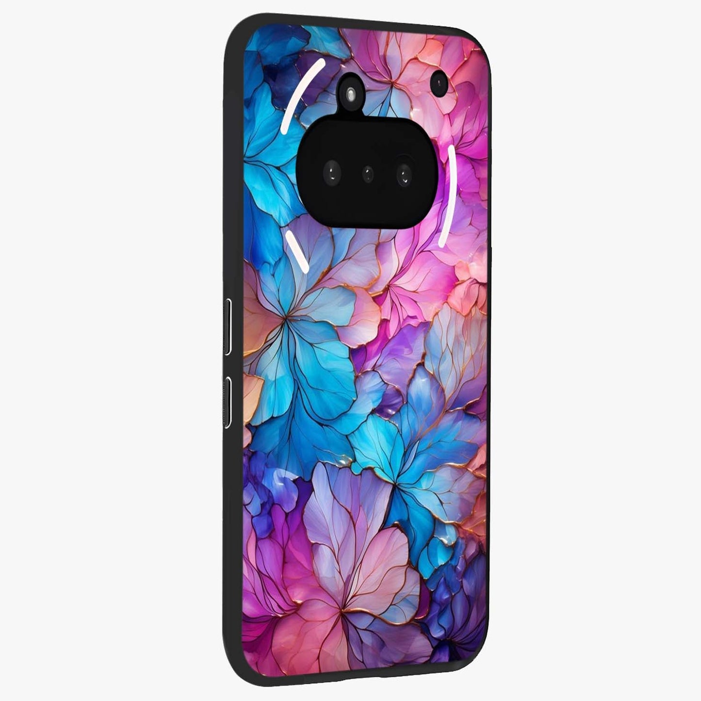 Radiant Floral Whirl Glass Case upright view showcasing lively floral artwork with decorative swirl theme.