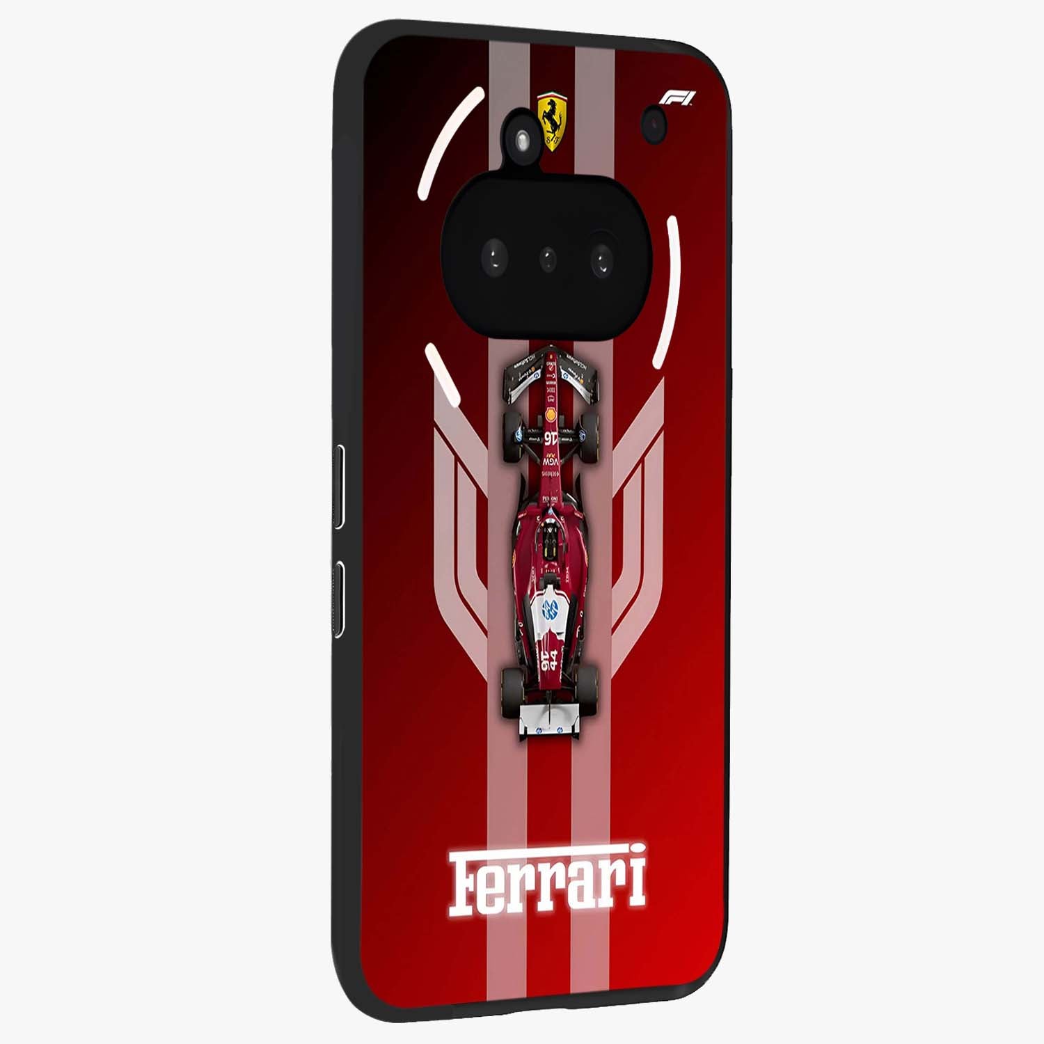 Red Ferrari F1 Vertical Glass Case upright view showcasing powerful Formula car artwork with dynamic motorsport theme.