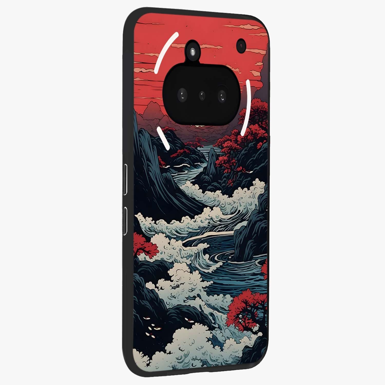 Red Sunset Scenery Glass Case upright view showcasing dramatic sunset scenery artwork with warm nature theme.
