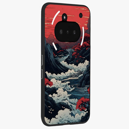 Red Sunset Scenery Glass Case upright view showcasing dramatic sunset scenery artwork with warm nature theme.