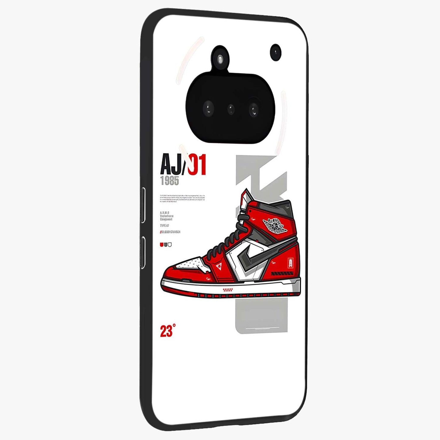Retro Sneaker Blueprint Glass Case upright view showcasing stylish sneaker illustration with vintage streetwear theme.