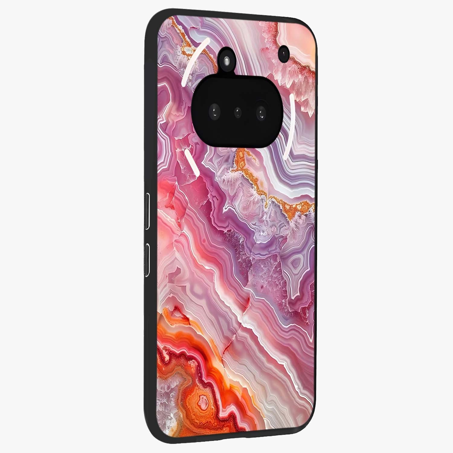 Rose Quartz Marble Glass Case upright view showcasing decorative marble artwork with luxurious pastel theme.