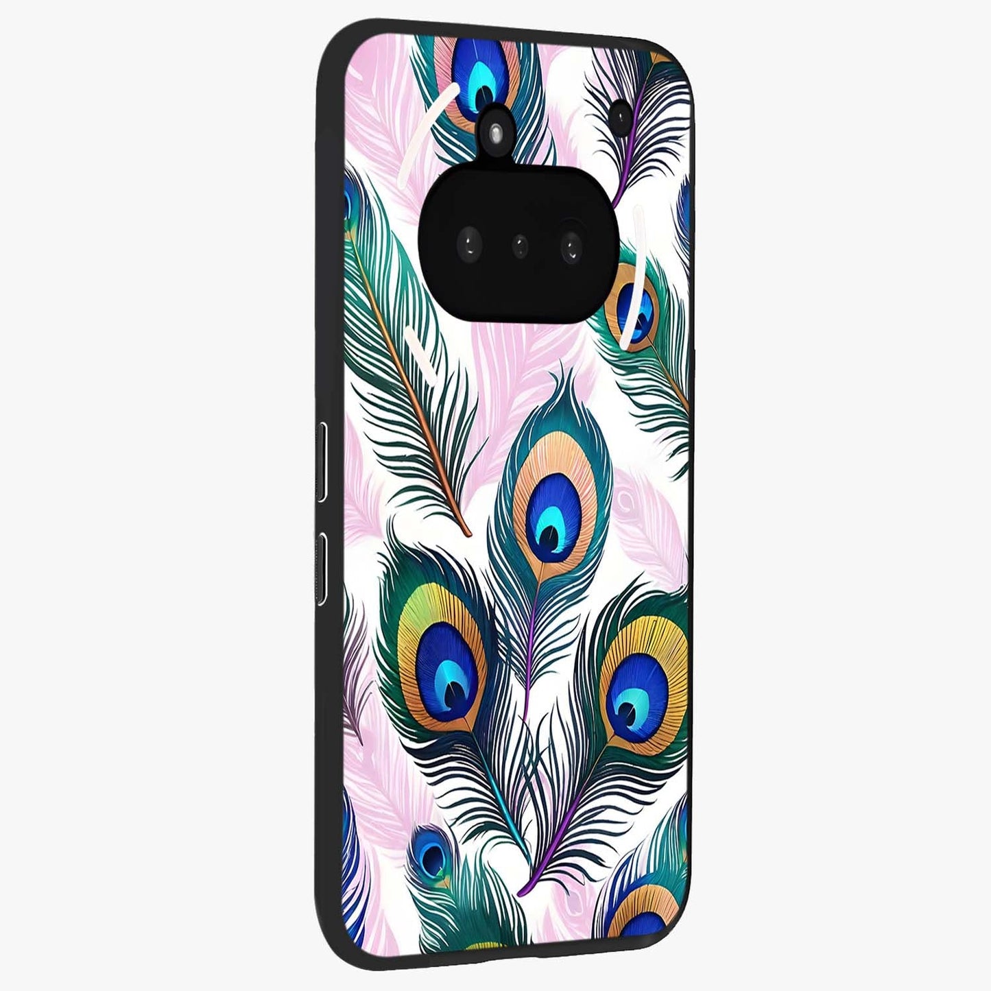 Royal Peacock Feathers Glass Case upright view showcasing elegant peacock feather artwork with decorative royal theme.