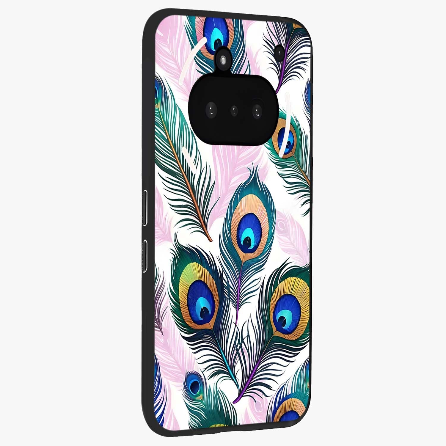 Royal Peacock Feathers Glass Case upright view showcasing elegant peacock feather artwork with decorative royal theme.
