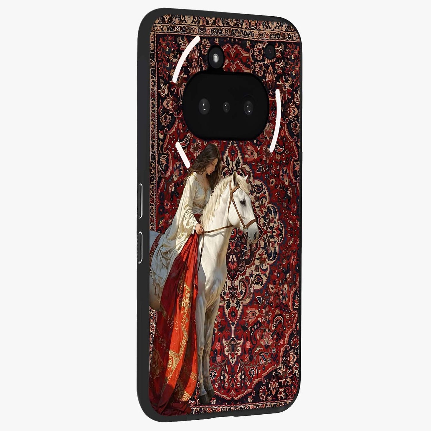 Royal Rider Tapestry Glass Case upright view showcasing detailed rider artwork with classic tapestry theme.