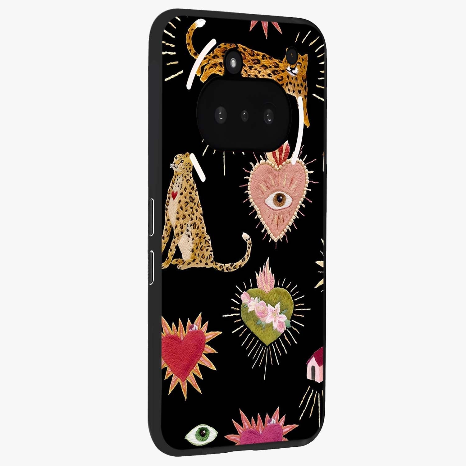 Sacred Jungle Heart Glass Case upright view showcasing vibrant jungle artwork with symbolic heart theme.