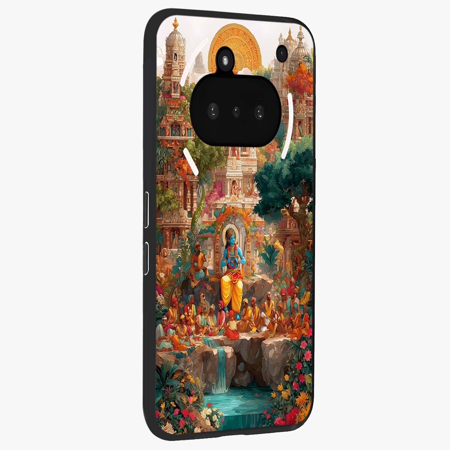 Sacred Sunlight Gods Glass Case upright view showcasing glowing divine artwork with sacred mythological theme.