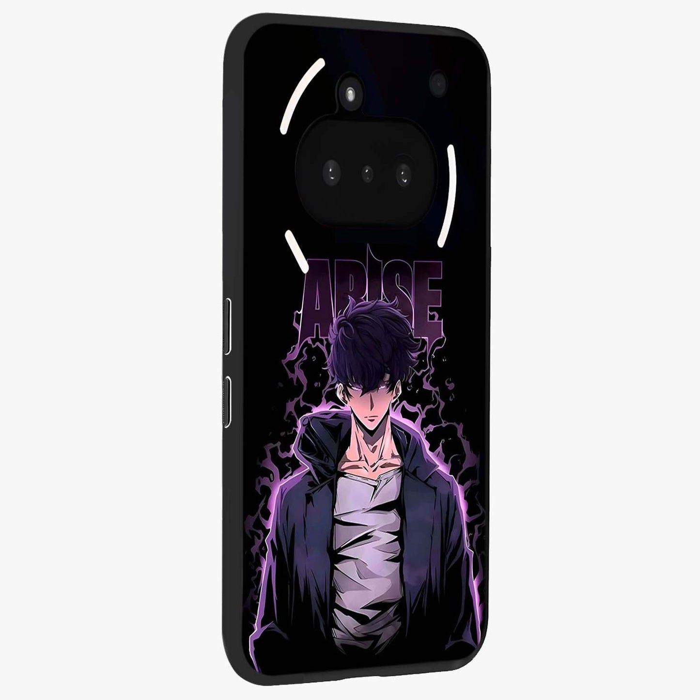 Shadow Monarch Awakening Glass Case upright view showcasing bold monarch artwork with mystical awakening theme.