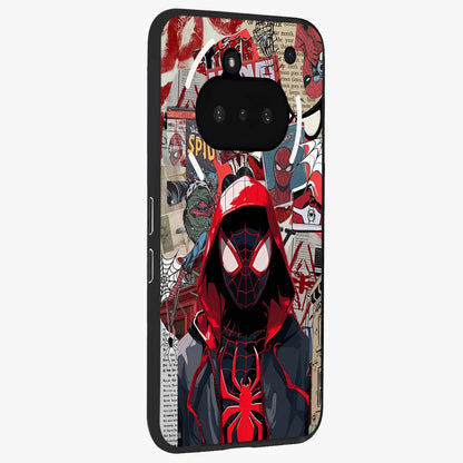 Spider Collage Street Glass Case upright view showcasing bold superhero artwork with urban street theme.