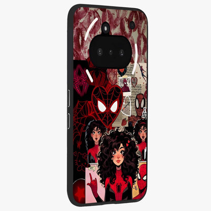 Spider Love Story Glass Case upright view showcasing charming superhero artwork with romantic comic theme.