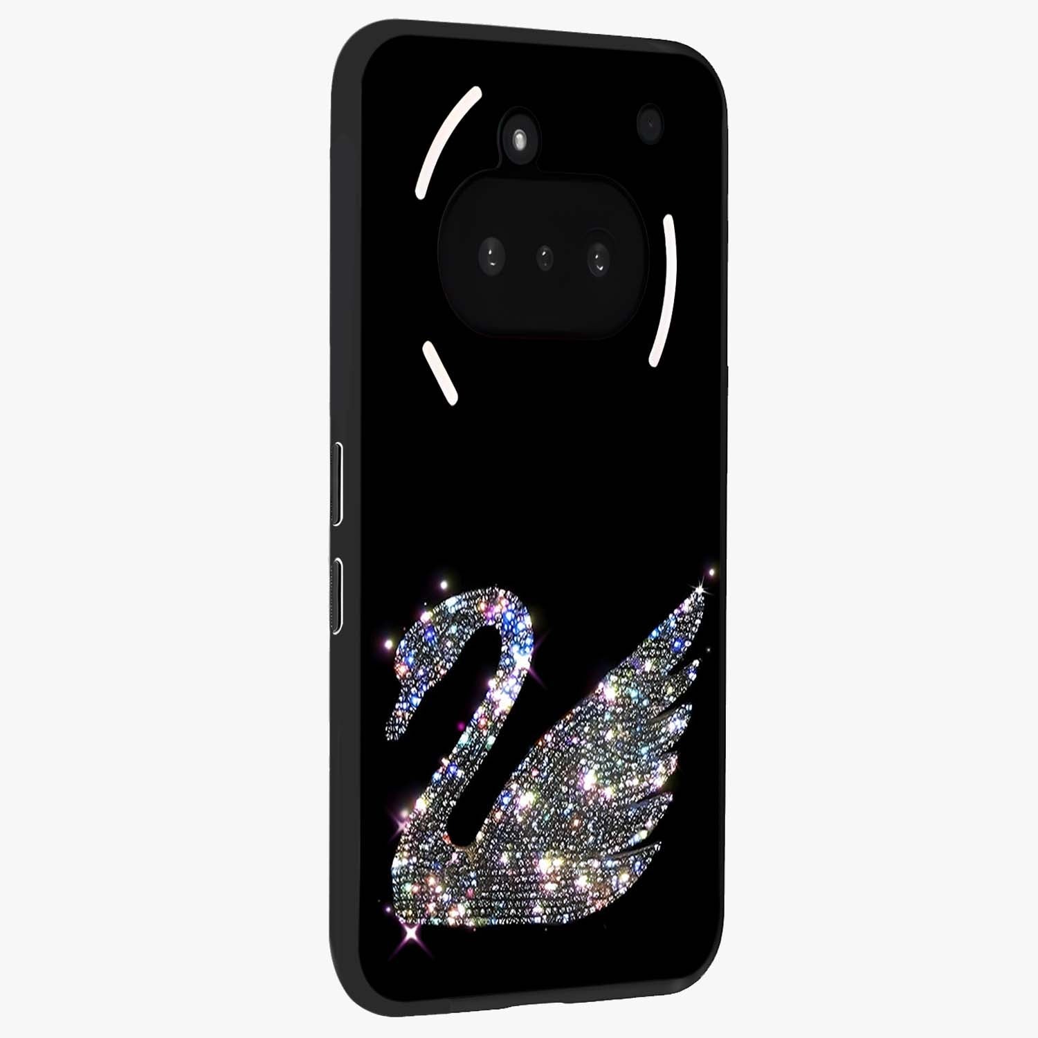 Starlit Swan Grace Glass Case upright view showcasing beautiful swan artwork with peaceful night themed design.