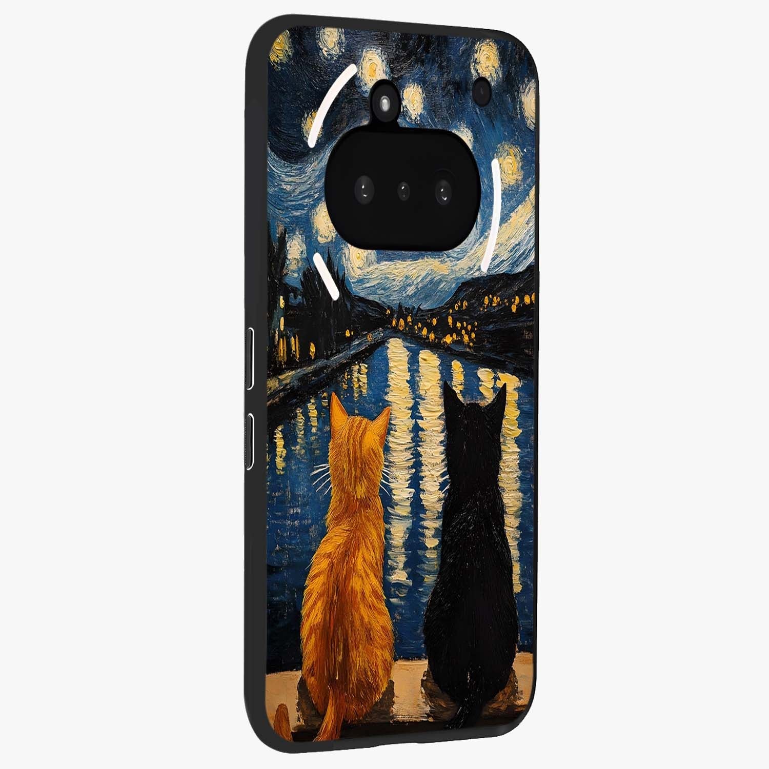 Starry River Cats Glass Case upright view showcasing adorable cat artwork with magical river and stars theme.