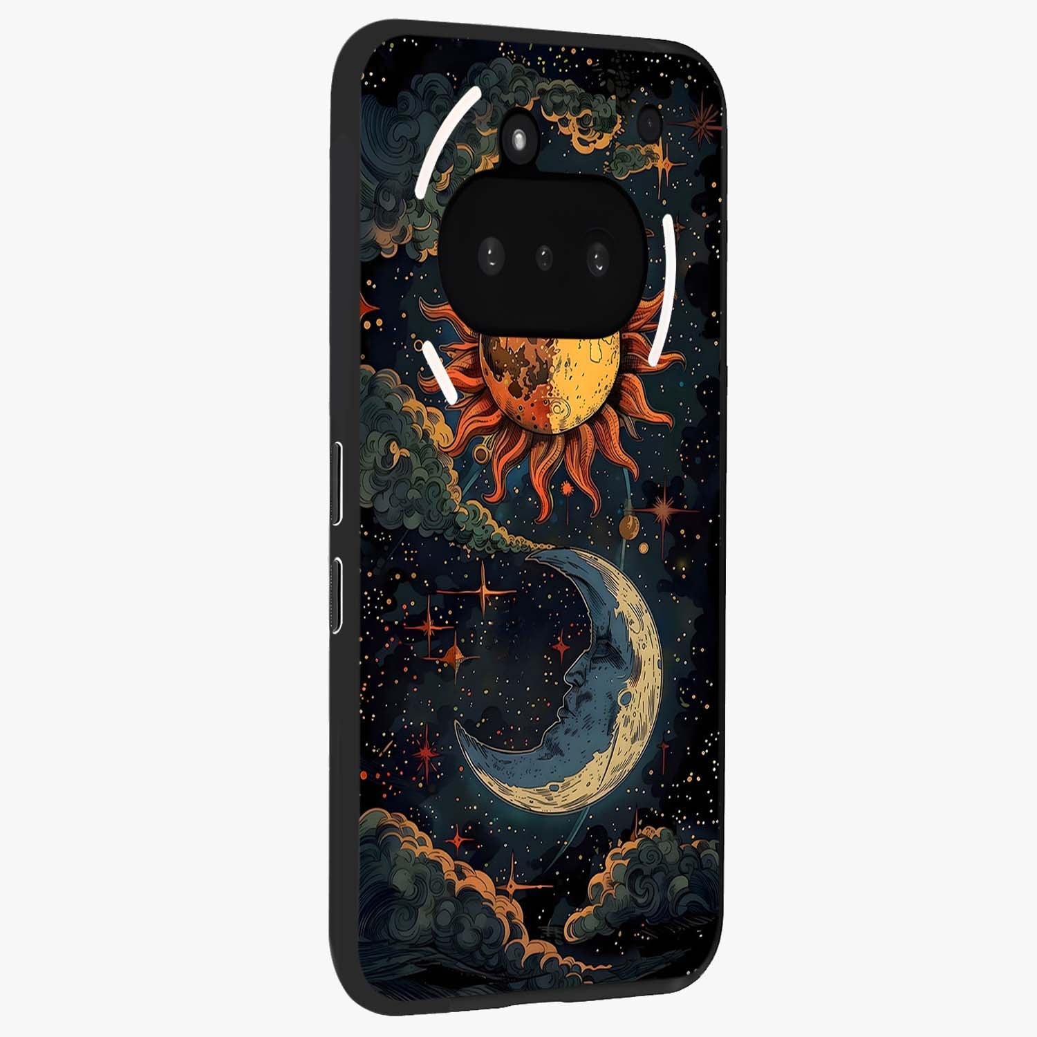 Sun And Moon Magic Design Glass Case upright view showcasing decorative sun and moon artwork with spiritual celestial theme.