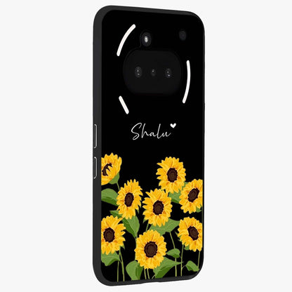 Sunflower Chic Mood Custom Name Glass Case upright view showcasing cheerful sunflower artwork with trendy floral theme.