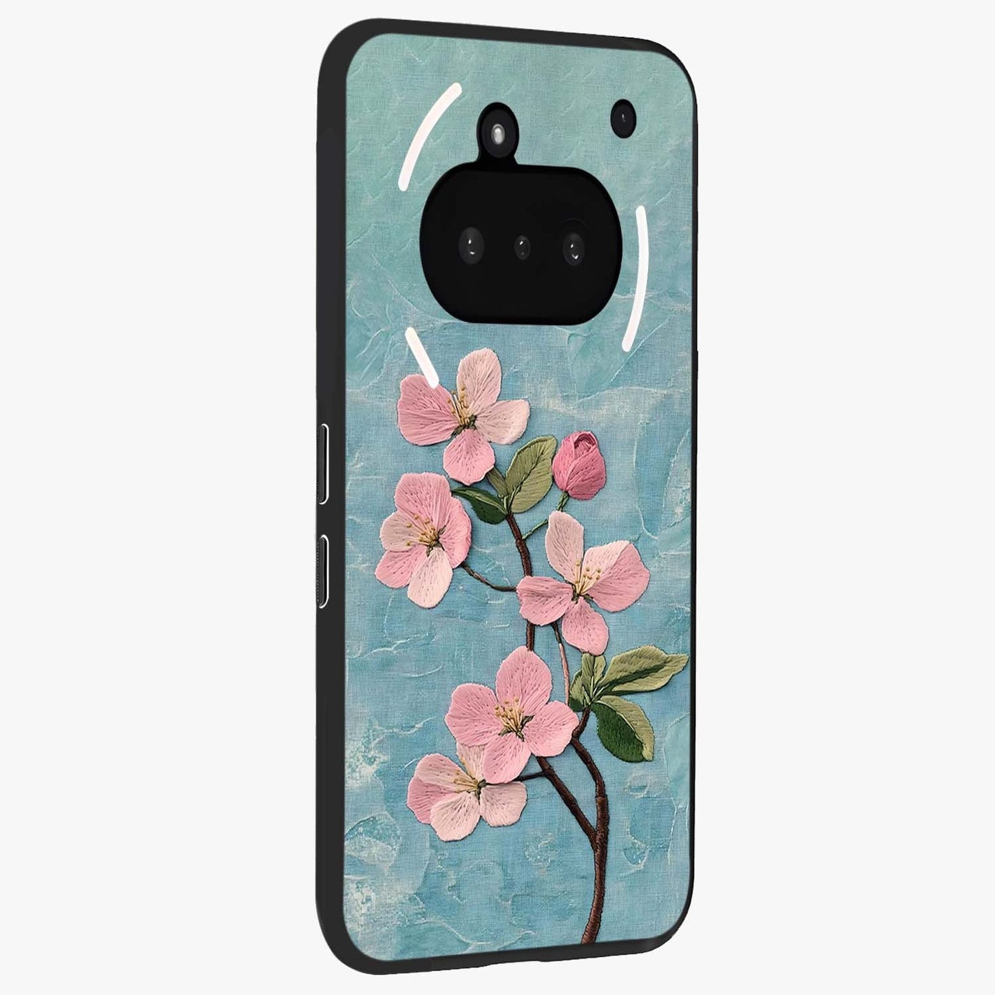 Threaded Blossom Breeze Glass Case upright view showcasing graceful flower artwork with calm botanical theme.
