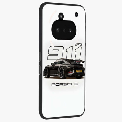 Turbo Legacy Icon Glass Case upright view showcasing bold racing inspired artwork with classic car theme.