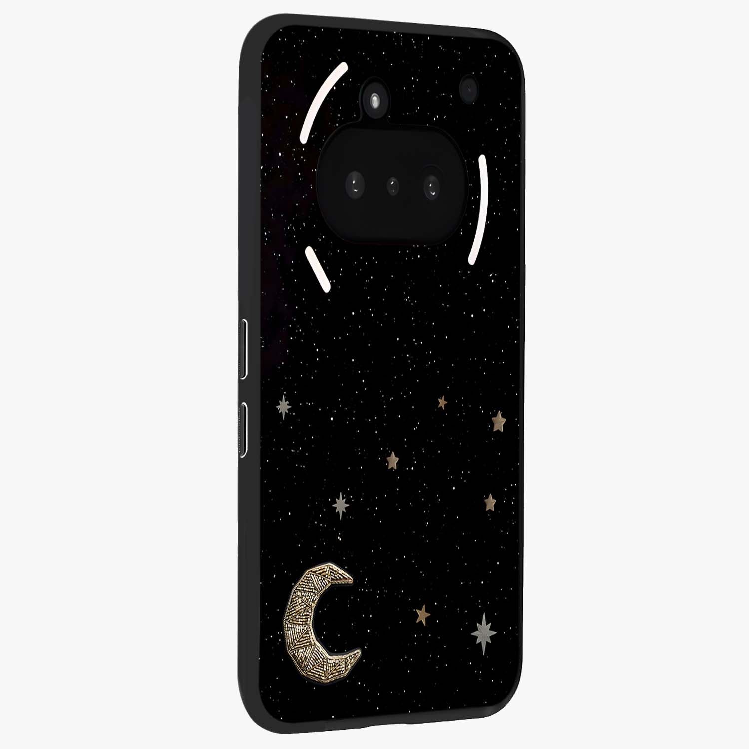 Twinkle Star With Half Moon Glass Case upright view showcasing glowing cosmic artwork with dreamy night theme.