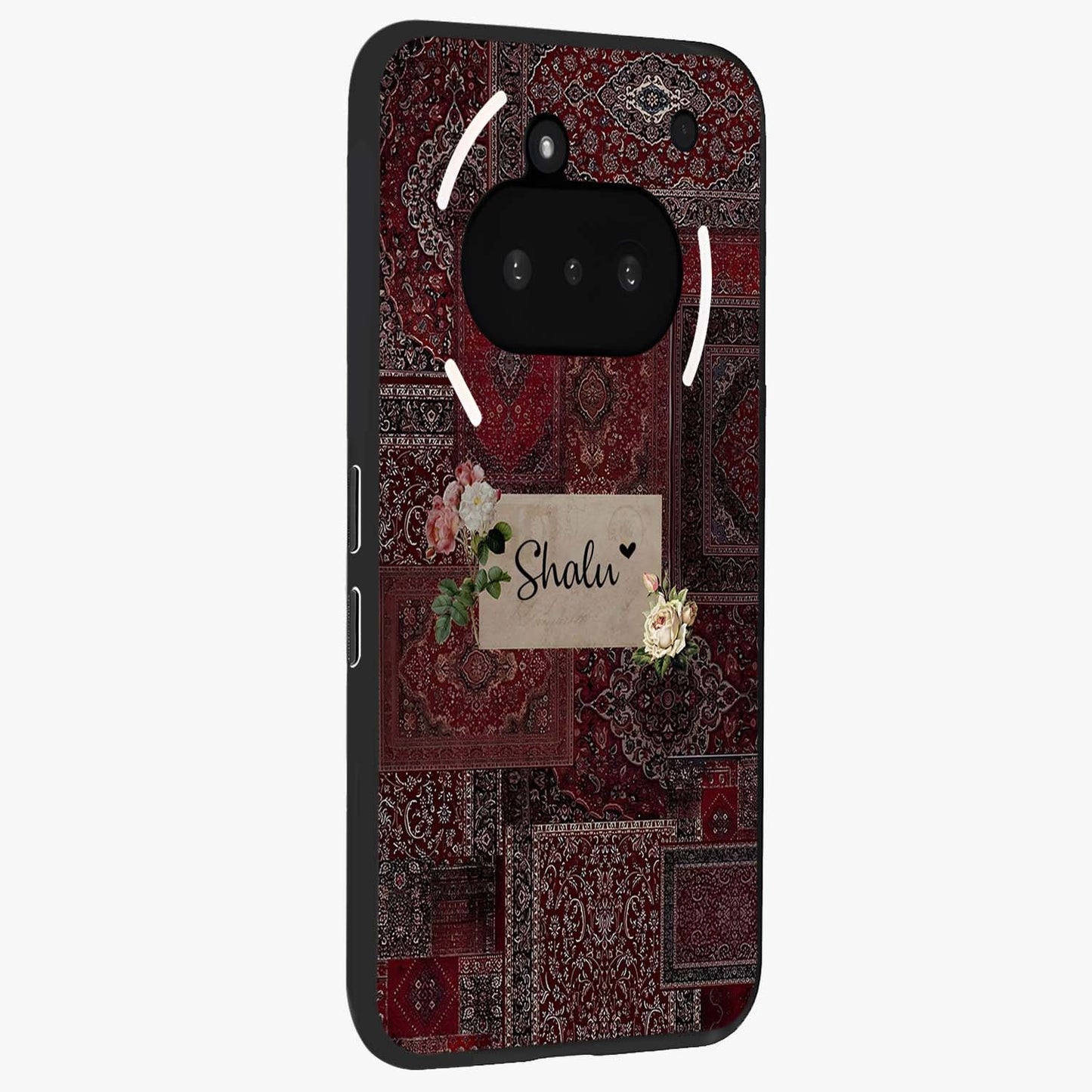 Velvet Wine Pattern Custom Name Glass Case upright view showcasing luxurious wine toned artwork with personalized aesthetic.
