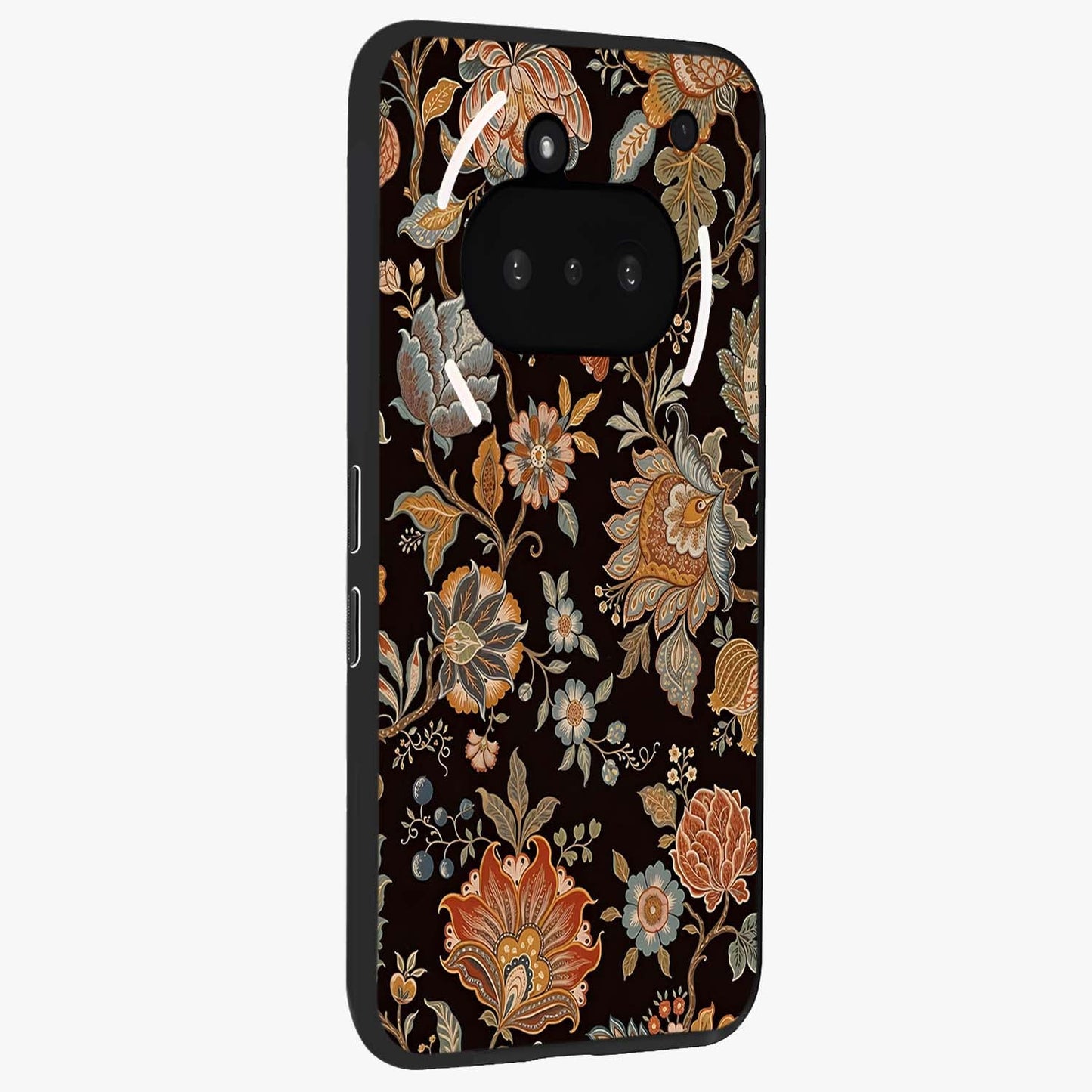 Vintage Floral Dream Glass Case upright view showcasing delicate floral artwork with timeless vintage theme.