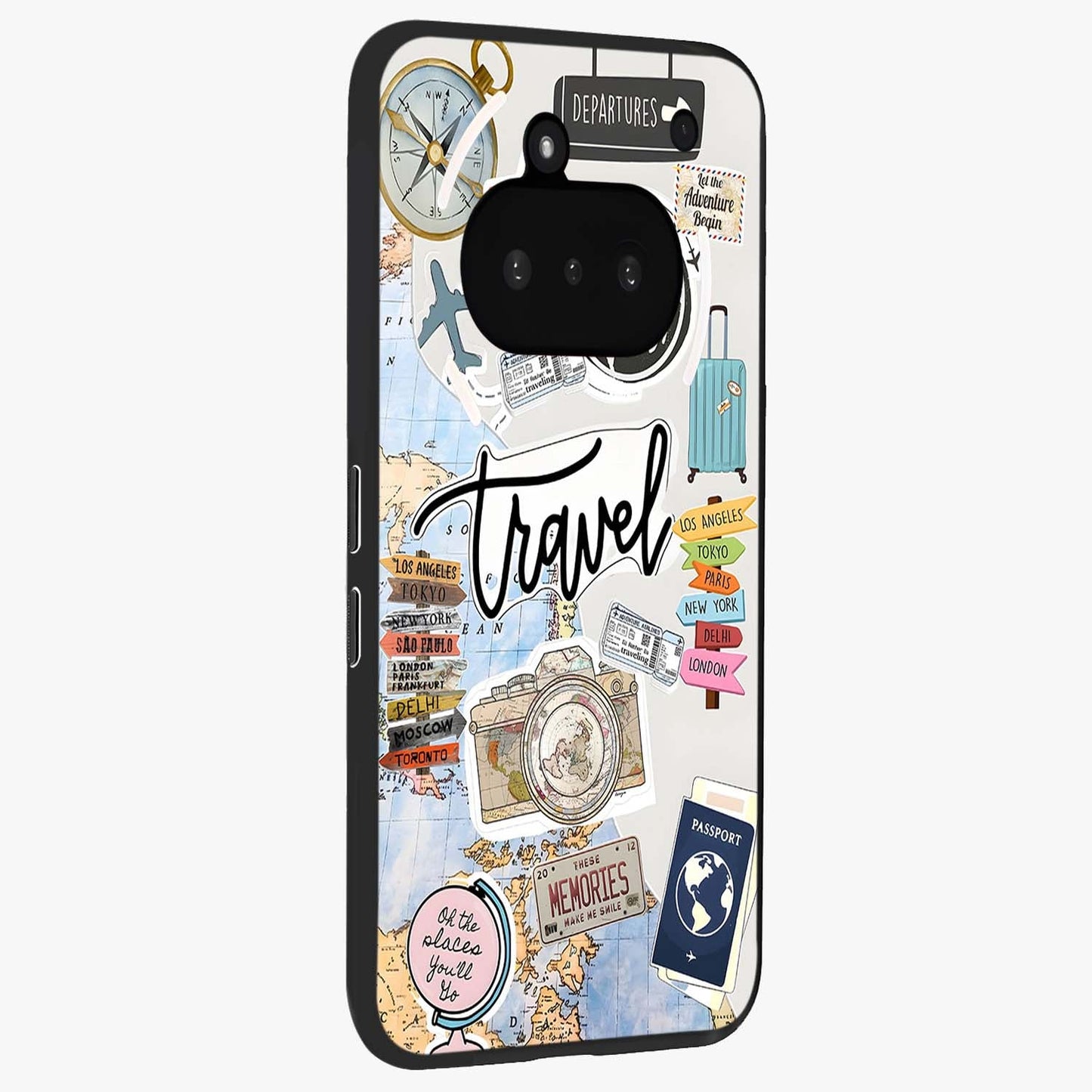 Wanderlust Journal Glass Case upright view showcasing wanderlust inspired artwork with creative exploration theme.