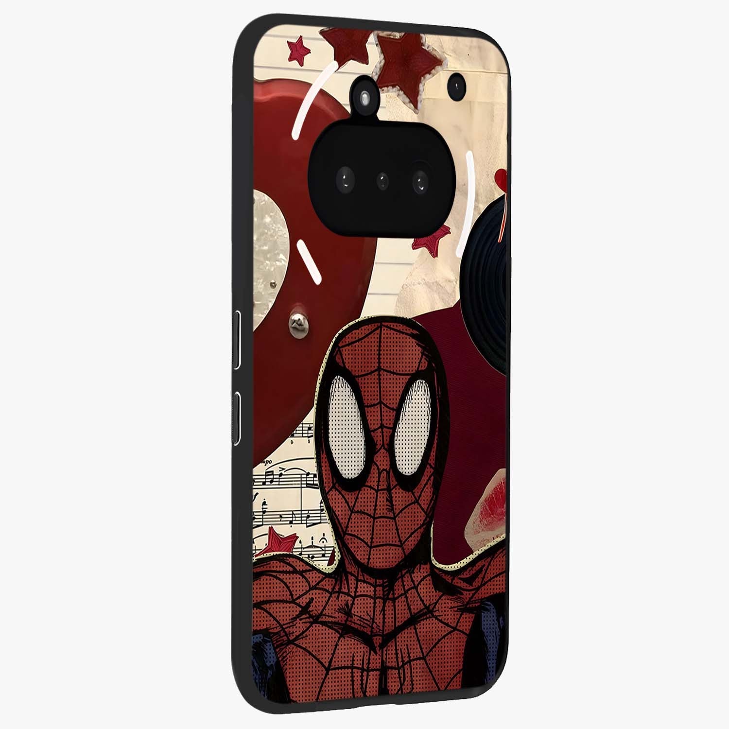 Web Warrior Vibes Glass Case upright view showcasing energetic superhero artwork with bold action theme.