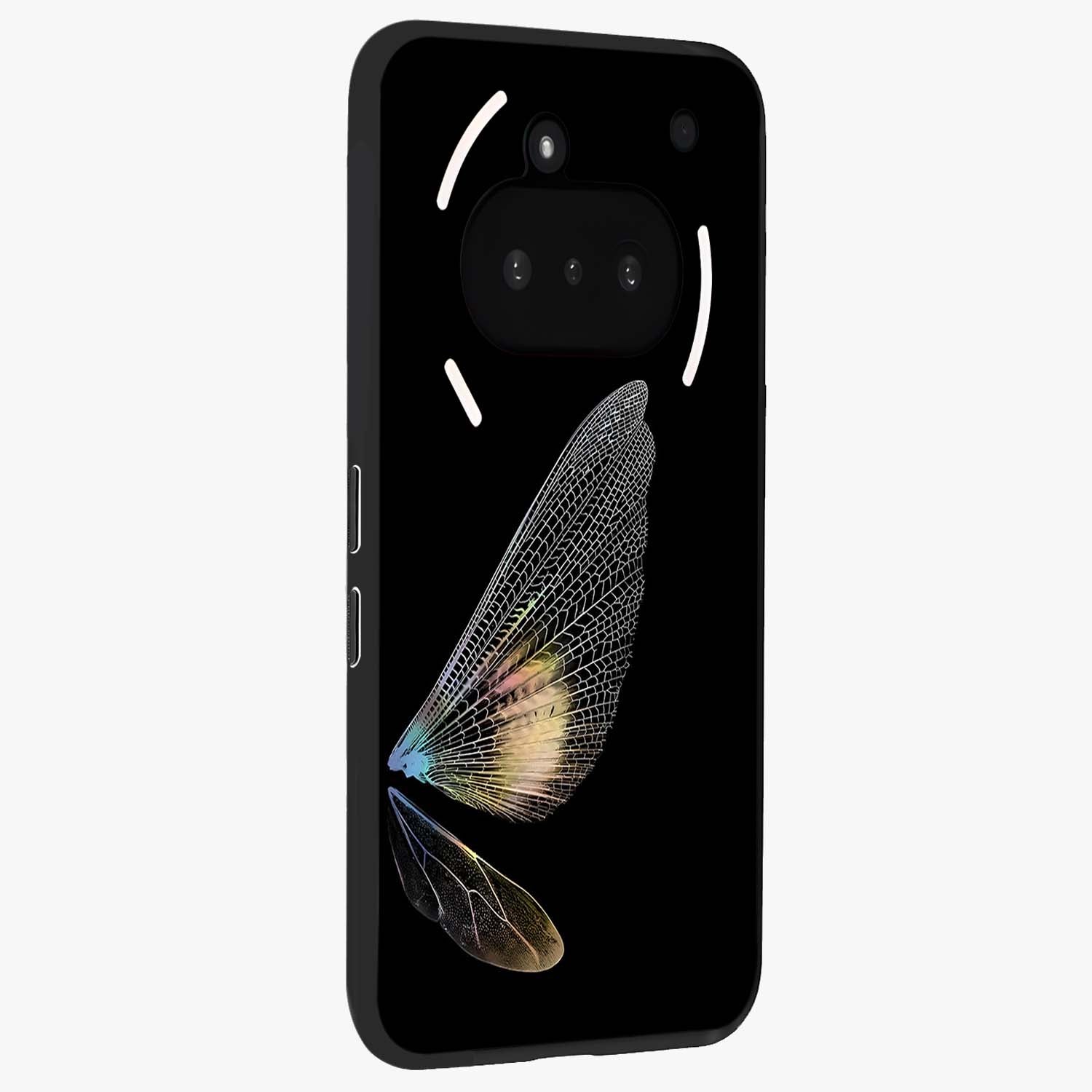 Whispers Of Wings Glass Case upright view showcasing elegant wing artwork with light airy theme.