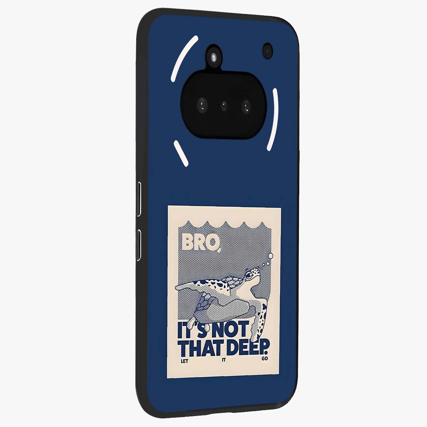Worry Less Swim Glass Case upright view showcasing cheerful artistic artwork with carefree inspirational theme.