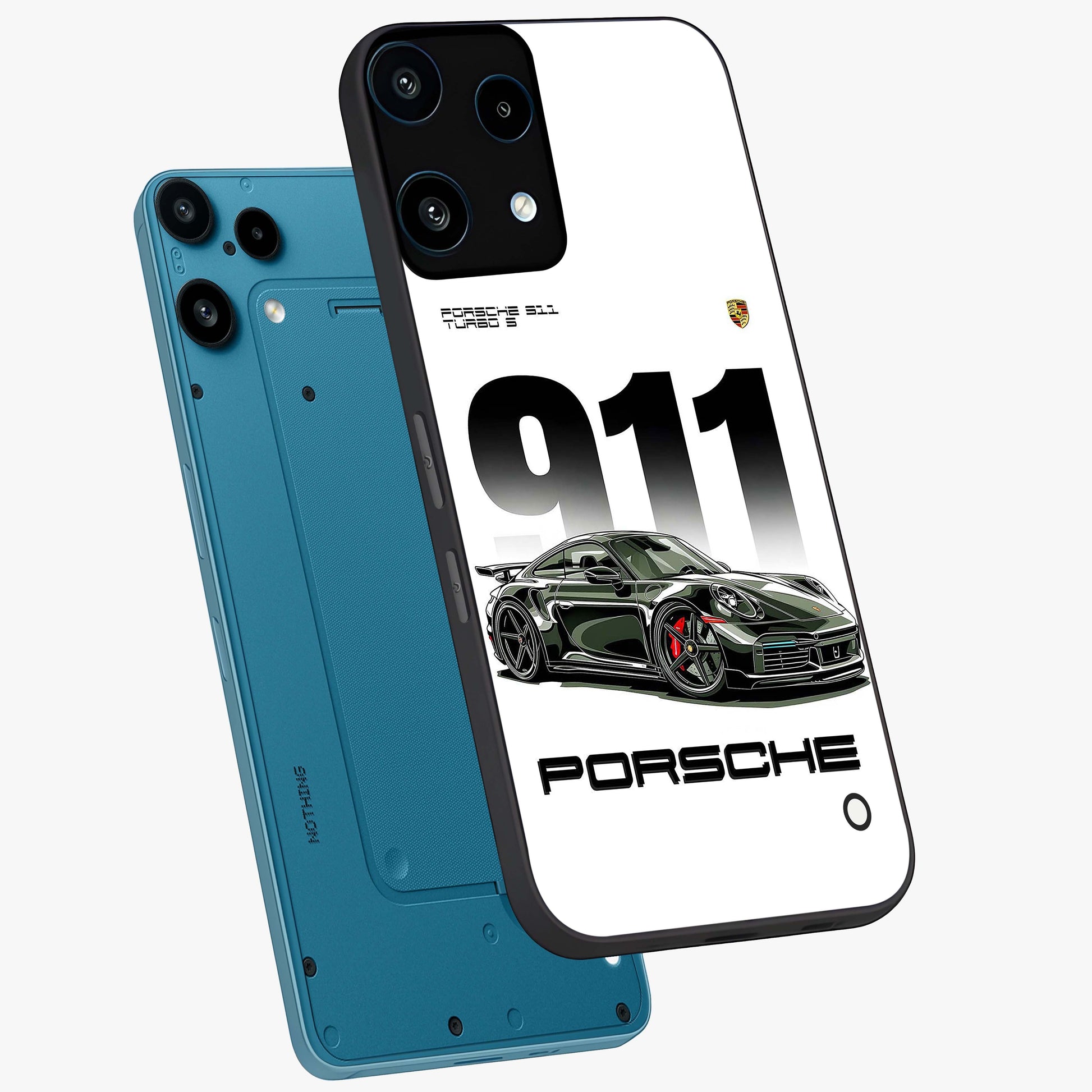 911 Turbo Dominance Glass Case displayed in premium angled mockup highlighting sporty car illustration and sleek glass surface.