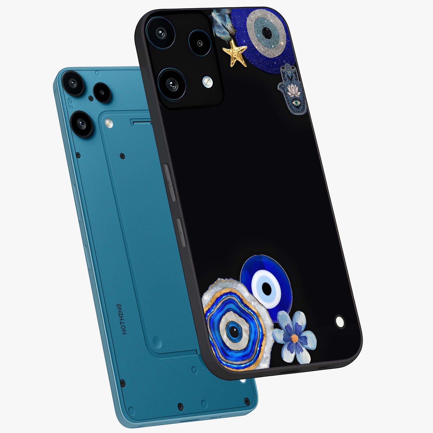 Aesthetic Blue Evil Eye Glass Case displayed in angled mockup highlighting blue evil eye symbol and spiritual aesthetic design.