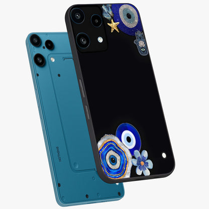 Aesthetic Blue Evil Eye Glass Case displayed in angled mockup highlighting blue evil eye symbol and spiritual aesthetic design.