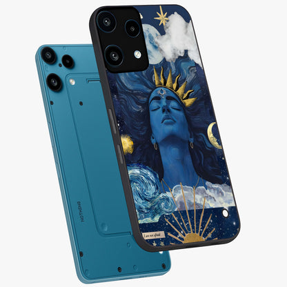Aesthetic Lord Shiva Glass Case displayed in angled mockup highlighting spiritual Shiva illustration and sacred aesthetic design.