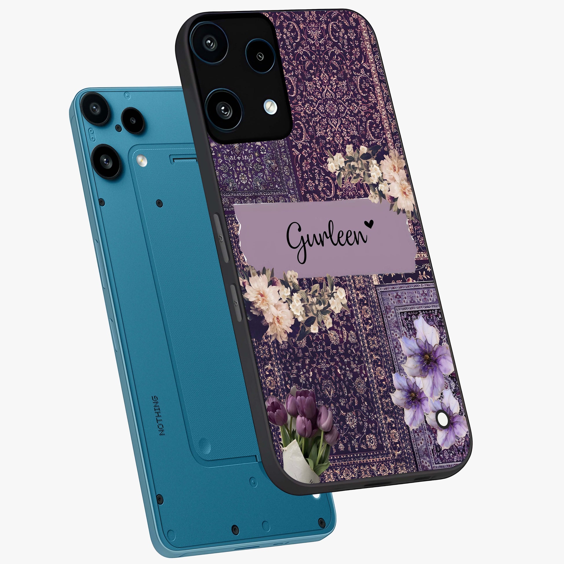 Antique Floral Whisper Custom Name Glass Case displayed in angled mockup highlighting elegant antique floral aesthetic.