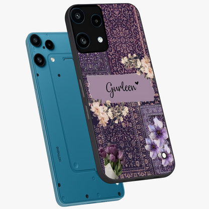 Antique Floral Whisper Custom Name Glass Case displayed in angled mockup highlighting elegant antique floral aesthetic.