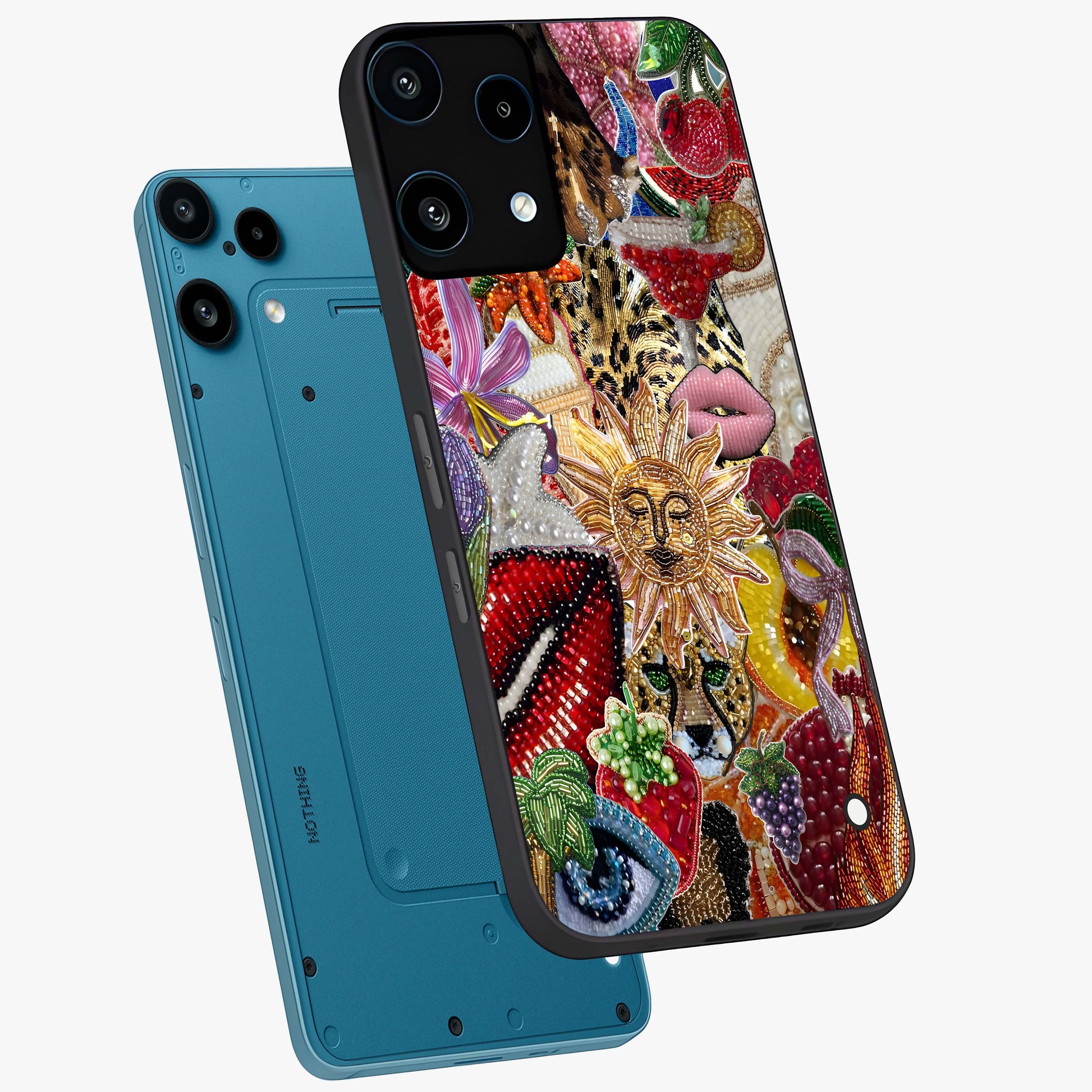 Beaded Fashion Jungle Glass Case displayed in angled mockup highlighting colorful fashion bead design and artistic pattern.