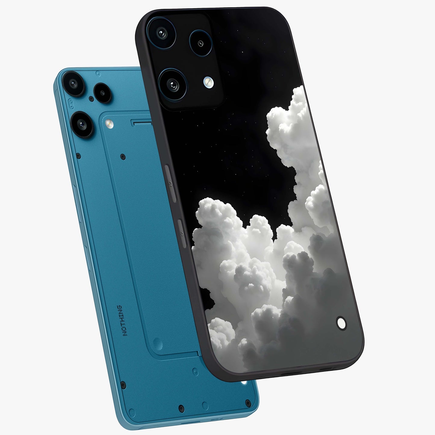 Black Background With White Cloud Glass Case displayed in angled mockup highlighting soft white cloud illustration and minimal design.