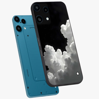 Black Background With White Cloud Glass Case displayed in angled mockup highlighting soft white cloud illustration and minimal design.