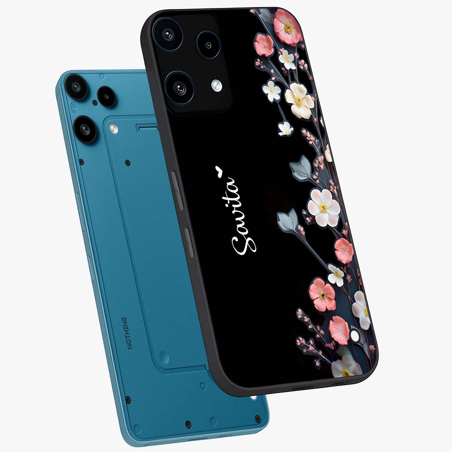 Black Elegance Floral Custom Name Glass Case displayed in angled mockup highlighting dark floral aesthetic and custom name feature.