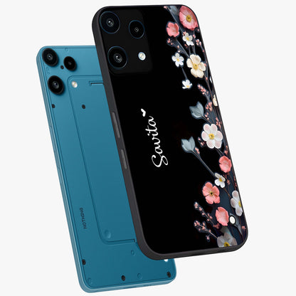 Black Elegance Floral Custom Name Glass Case displayed in angled mockup highlighting dark floral aesthetic and custom name feature.