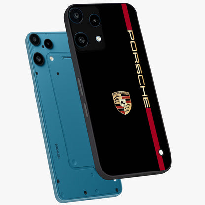 Black Minimal Porsche Glass Case displayed in angled mockup highlighting modern minimal car illustration and clean aesthetic design.