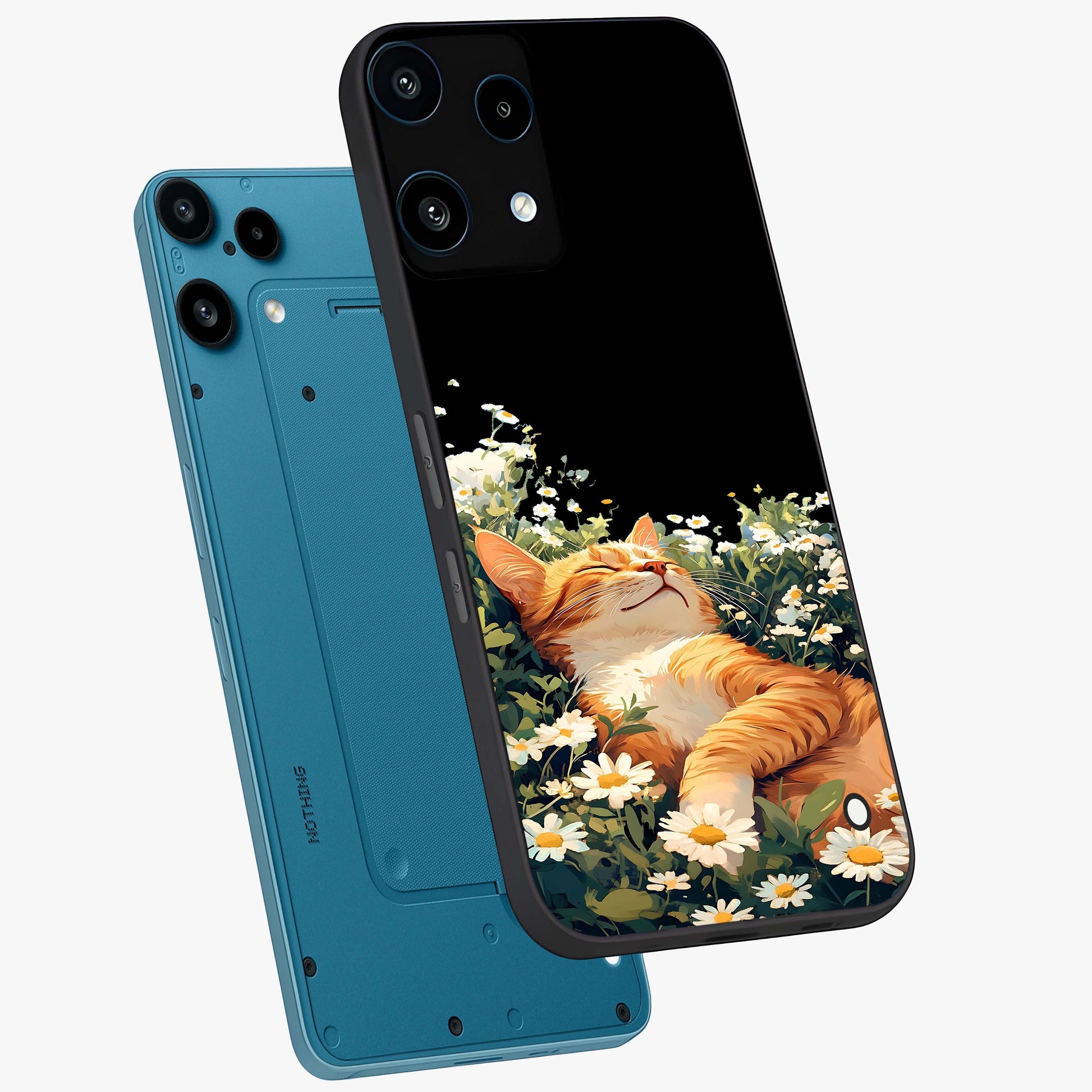 Blissful Bloom Cat Glass Case displayed in angled mockup highlighting playful feline illustration with soft floral aesthetic.