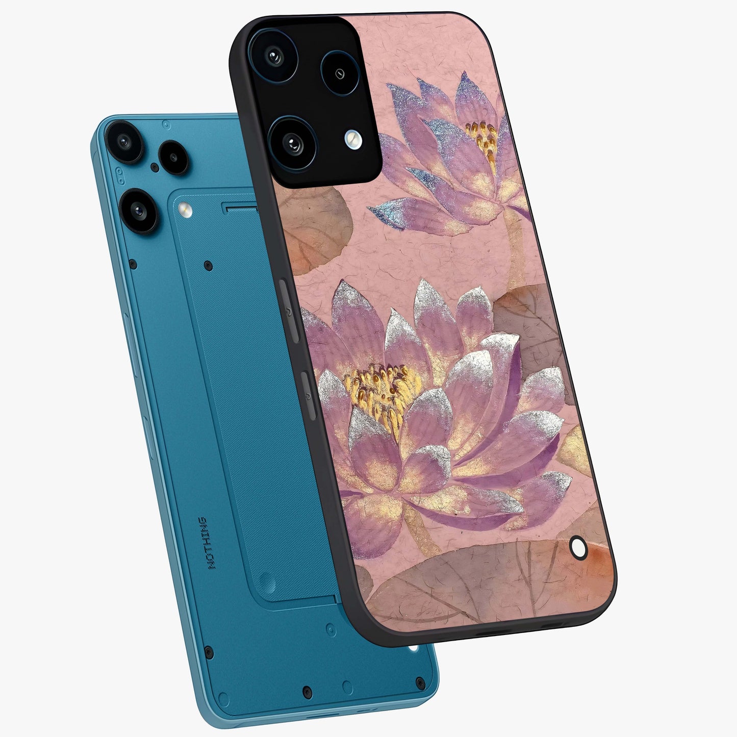 Blossom Mist Lotus Glass Case displayed in angled mockup highlighting delicate lotus illustration with calm aesthetic theme.