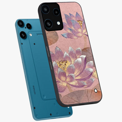Blossom Mist Lotus Glass Case displayed in angled mockup highlighting delicate lotus illustration with calm aesthetic theme.