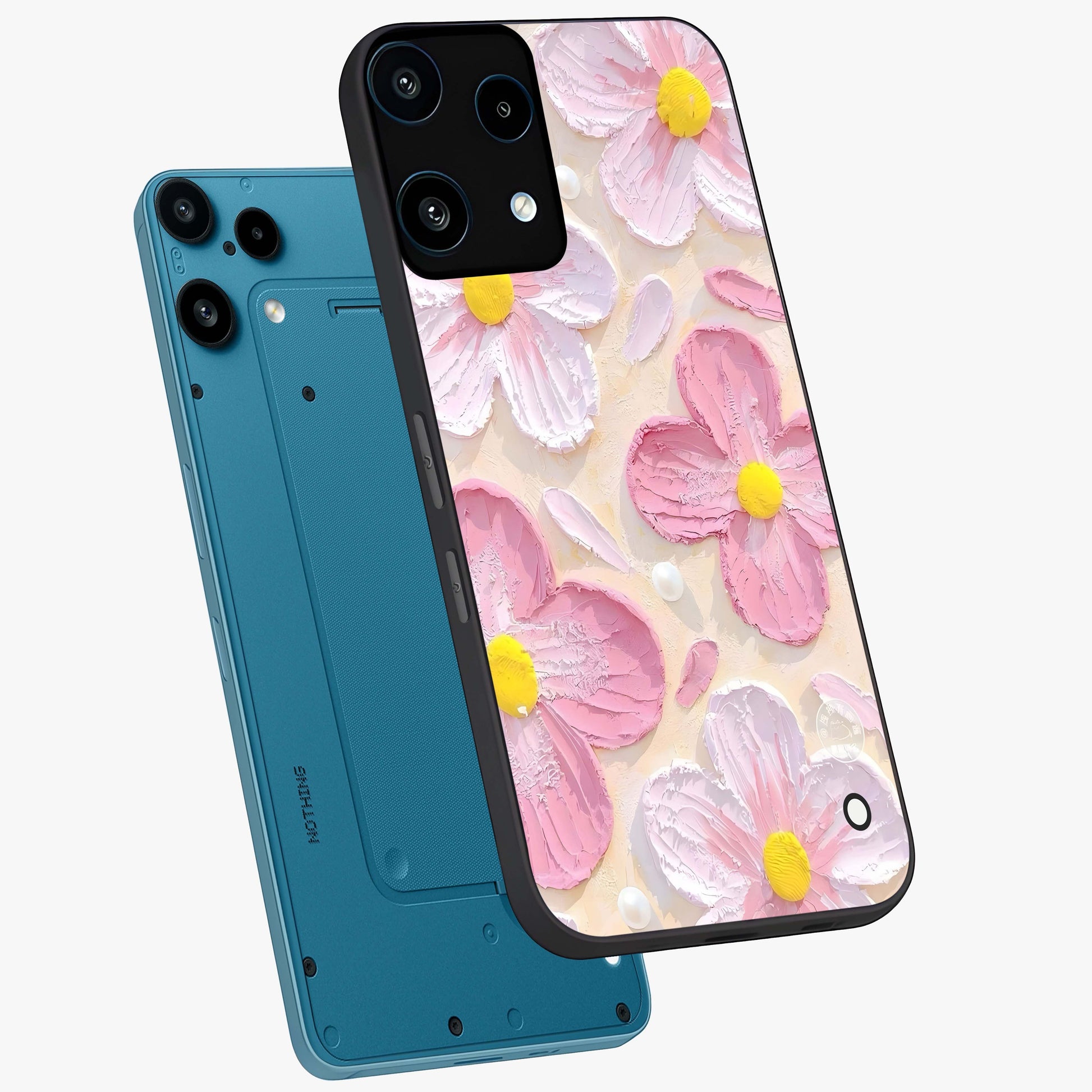 Blush Bloom Texture Glass Case displayed in angled mockup highlighting subtle bloom pattern with aesthetic pastel design.